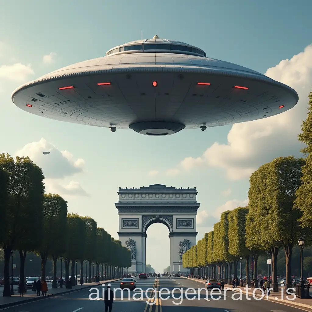 Flying-Saucer-Over-Arc-de-Triomphe-with-Red-Extraterrestrials