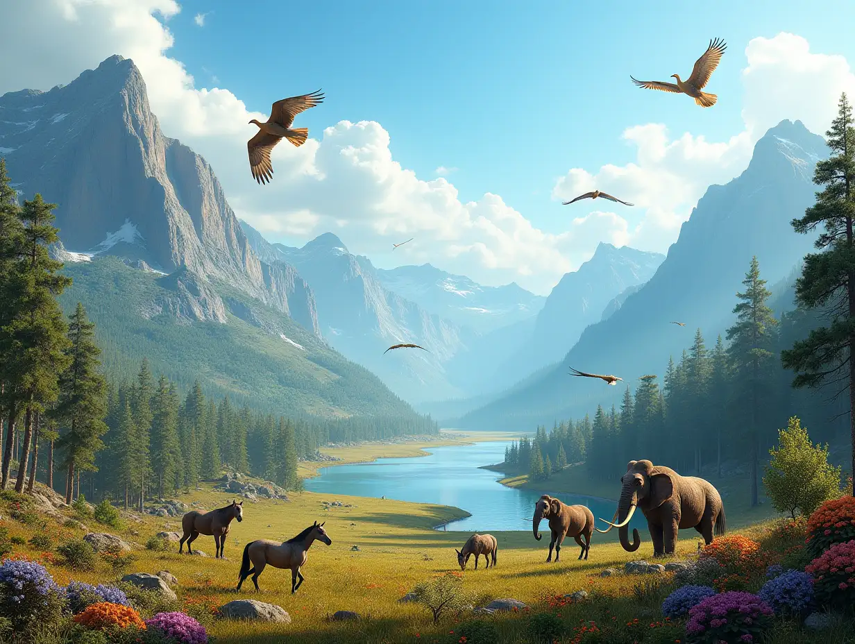 An ultra realistic image of a breathtaking landscape from the Cenozoic era, clearly marked by the rise of mammals and flowering plants. In the foreground, large mammals like mastodons, early horses, and saber-toothed cats roam the fertile plains, which are dotted with colorful flowers and dense forests of deciduous and coniferous trees. Towering mountains rise in the background, shaped by tectonic activity characteristic of the Cenozoic. A wide river meanders through the scene, its waters reflecting a bright blue sky. Flying above, massive prehistoric birds and early species of modern birds can be seen. The vegetation, consisting of flowering plants and fruit-bearing trees, highlights the evolutionary developments of this era. The air is filled with the sounds of life, from the calls of birds to the movement of these newly dominant mammal species, clearly signifying the Cenozoic period, where mammals began to thrive and shape the world and there are a lot of animals.