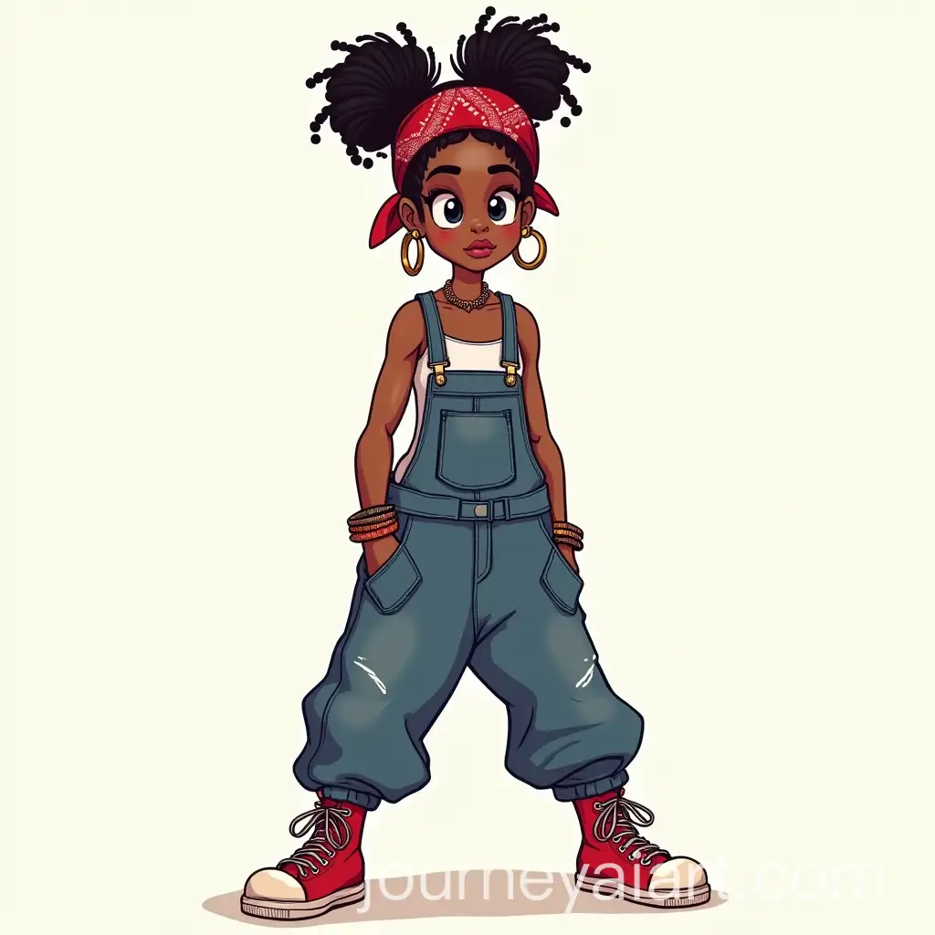 Hip-Hop-Woman-in-Baggy-Overalls-and-Messy-Bun-with-Bangles-and-Bandana
