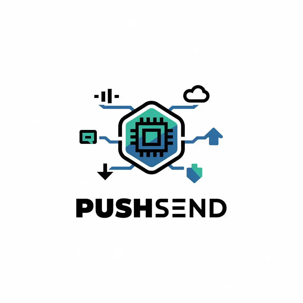 a vector logo design,with the text "pushsend", main symbol:Hexagon, data, transfer, chip, upload, share, download,Moderate,be used in Internet industry,clear background