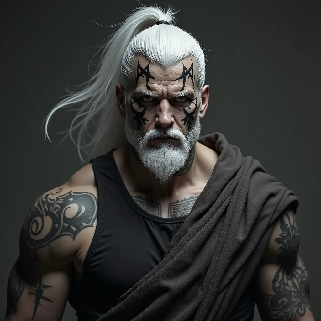 A stoic goliath male blacksmith with grey skin tone and black tribal face tattoos with white hair pulled to a pony tail and a clean small white goatee