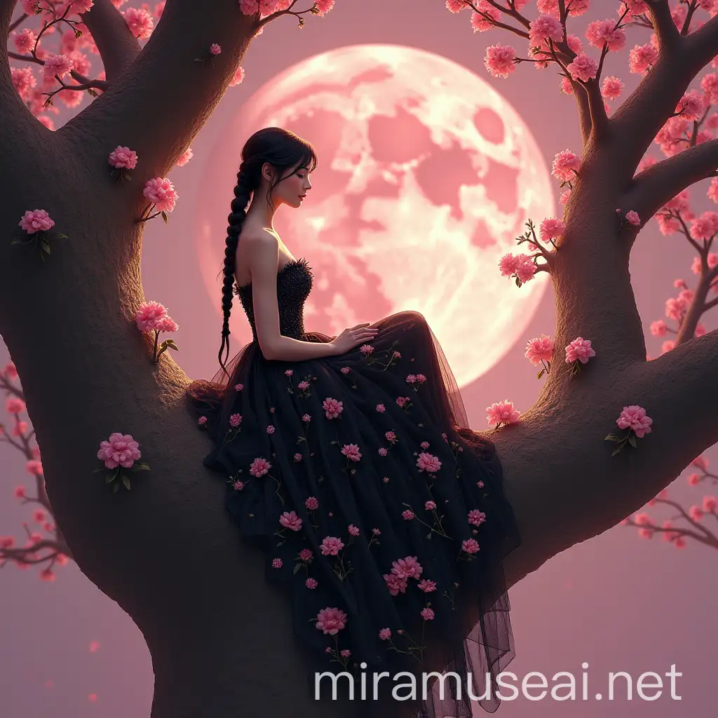 Elegant Woman in Floral Black Dress Sitting on Giant Tree Branch with Pink Flowers