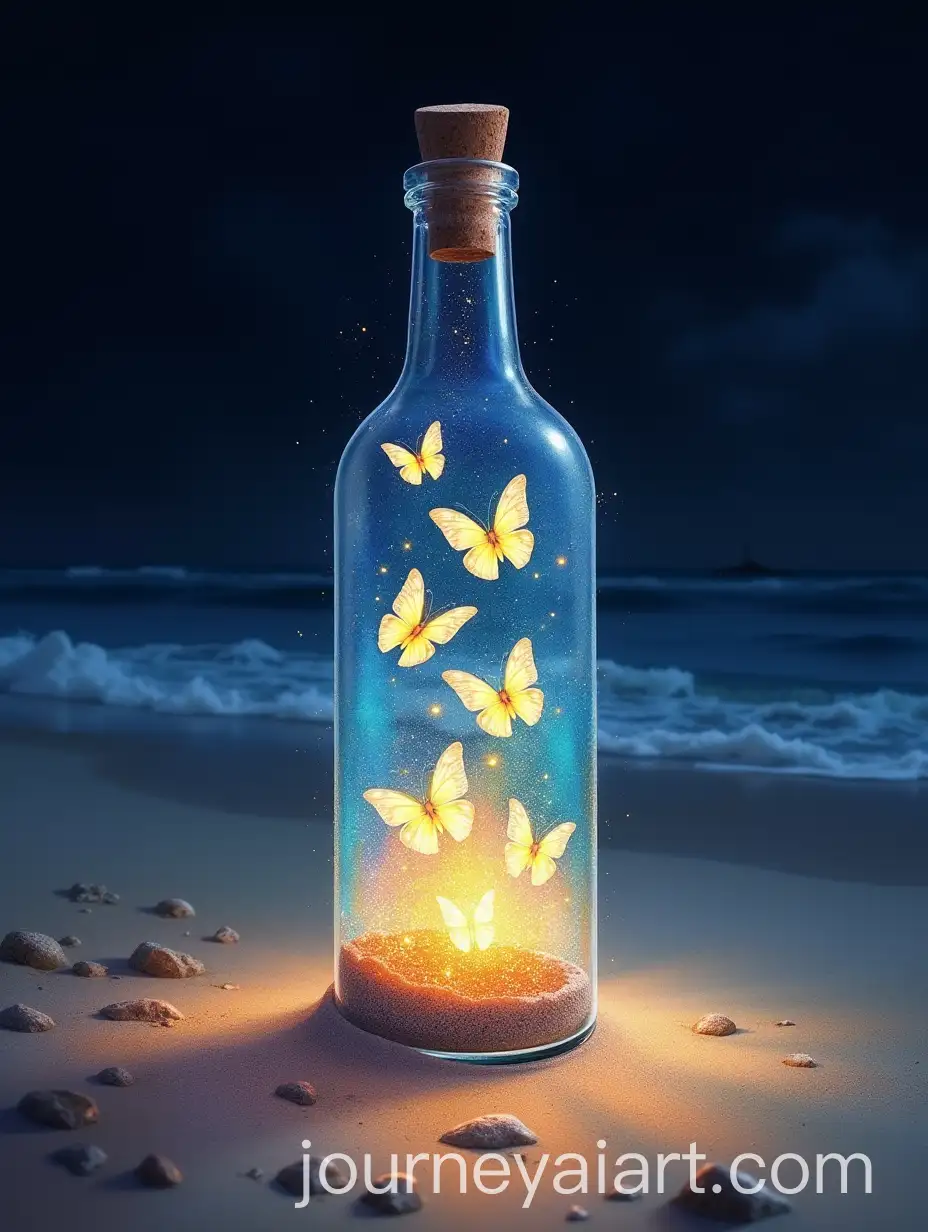 Glass-Bottle-with-Glowing-Butterflies-on-a-Dark-Beach-at-Night
