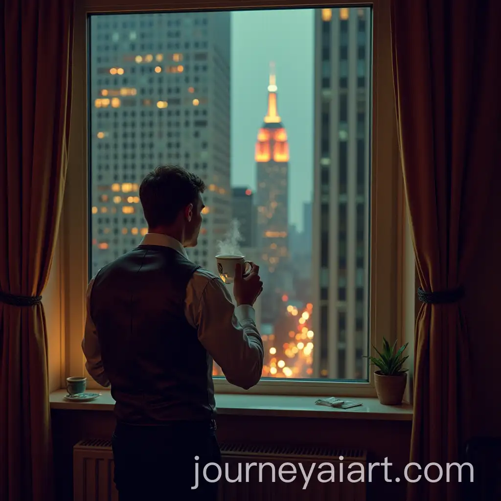 Man-Drinking-Coffee-in-50s-Apartment-Overlooking-New-York-City-at-Dusk