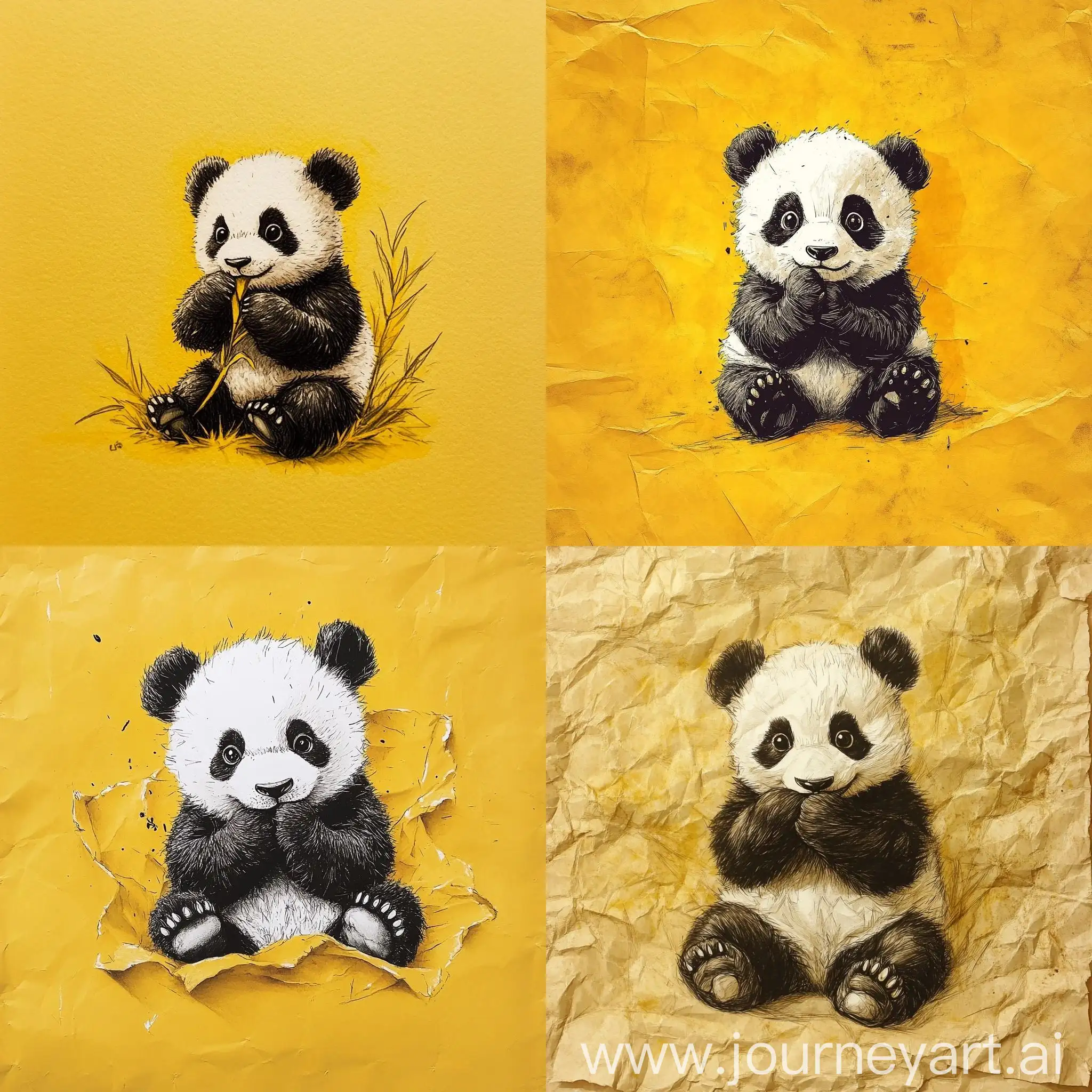 Adorable-Panda-Sitting-and-Biting-Paw-on-Yellow-Paper-Background