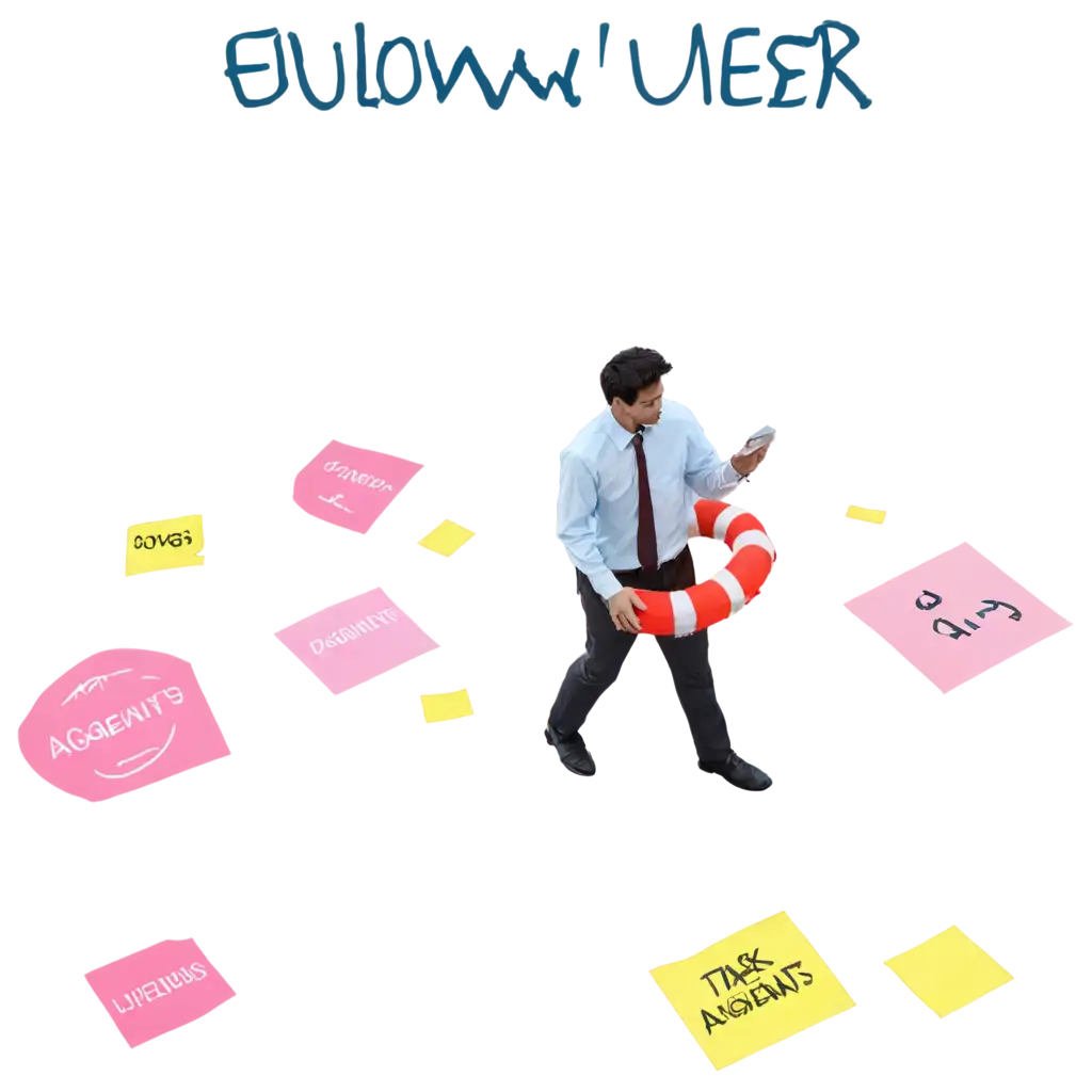 Person-Drowning-in-Sticky-Notes-with-Lifebuoy-Digital-Agents-PNG-Image-for-Workplace-Stress-Solutions