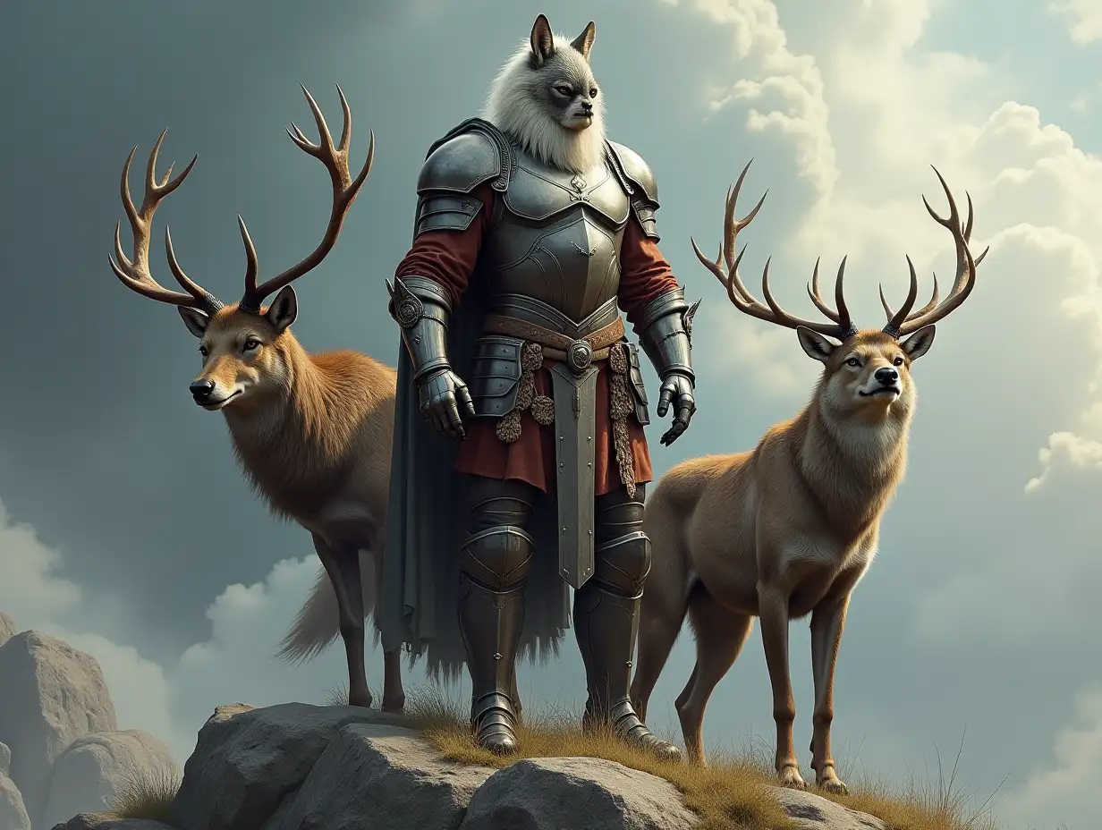 A very detailed photo. A full body representation of an Animal-Hybrid bodybuilder with knight's armor and elk and wolf on a rock