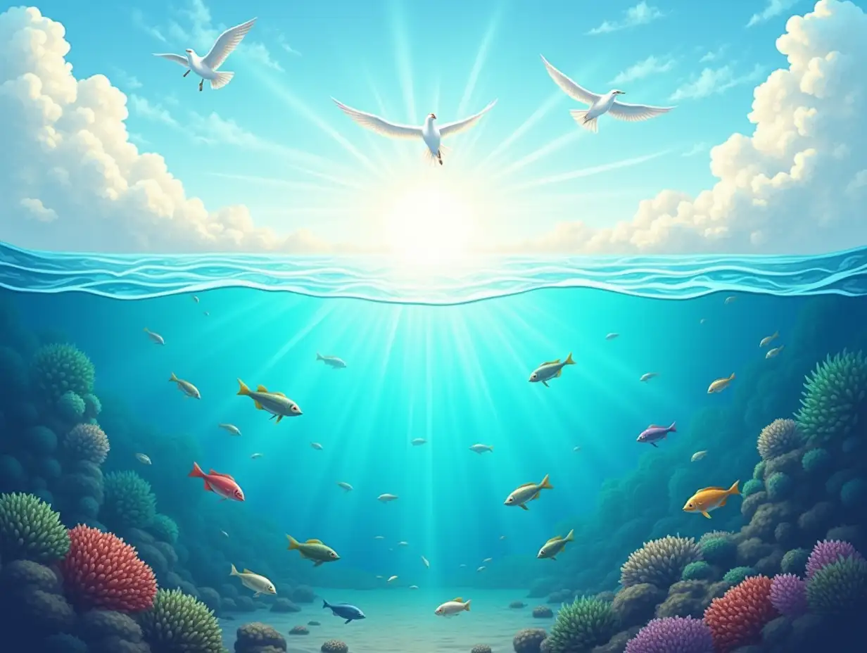 An enchanting illustration of Genesis 1:20-23, depicting the creation of fish and birds. The scene captures the vibrant diversity of life: beneath the crystal-clear waters, colorful fish of various shapes and sizes swim gracefully, surrounded by coral reefs teeming with life. Above, the sky is alive with birds soaring majestically, their wings spread wide against a soft blue sky dotted with clouds. The harmony between water and air reflects the beauty and joy of creation, emphasizing the richness of life God has brought into existence. A gentle divine glow bathes the scene, symbolizing God's creative power and blessing.