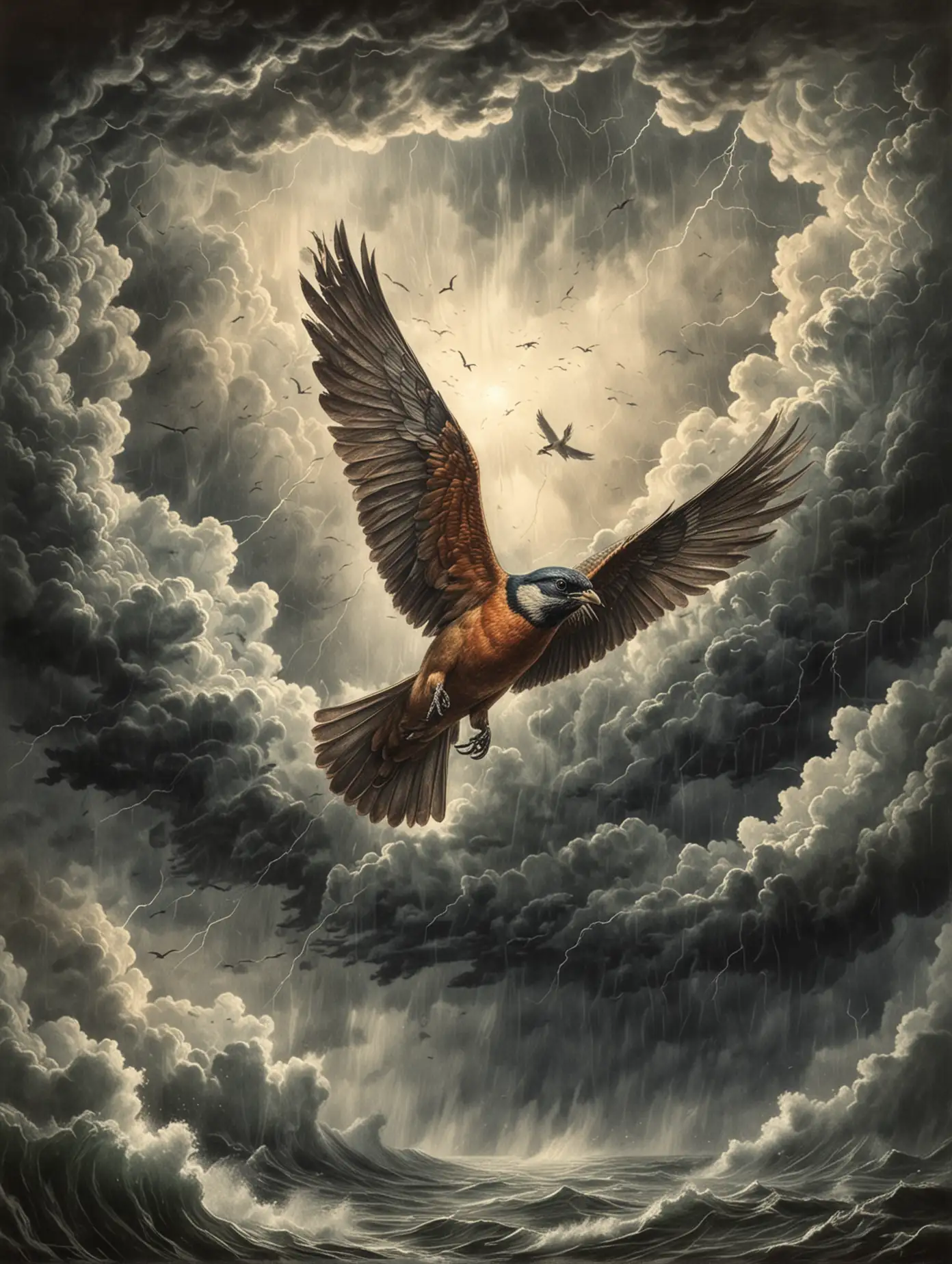 Bird Flying Through Storm Clouds