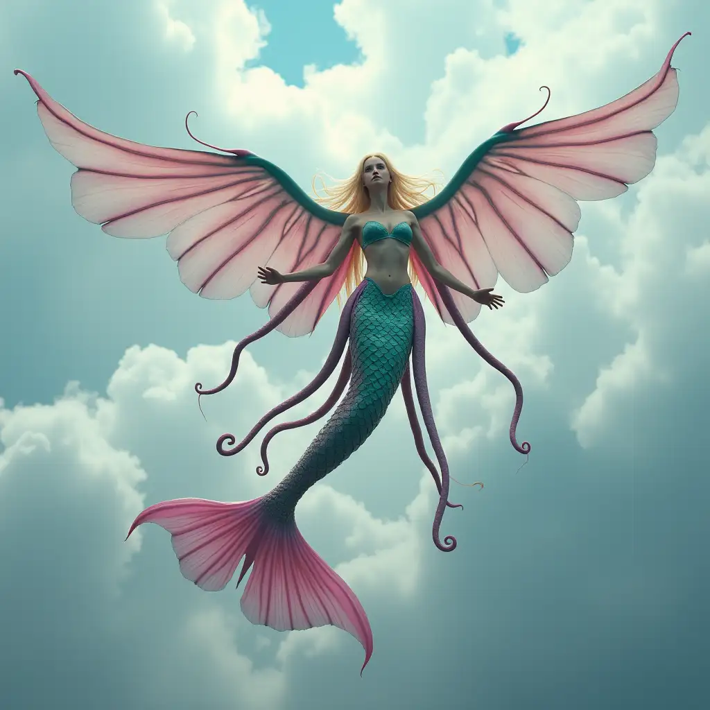 A photo of a blonde-haired mermaid with gigantic, long, shiny, webbed, membranous pink and blue wings flying in the sky between the clouds. She has many very long octopus tentacles growing from the waist. The mermaid has long pink and green scaly fish tail. She is flapping her wings. The background is filled with clouds.