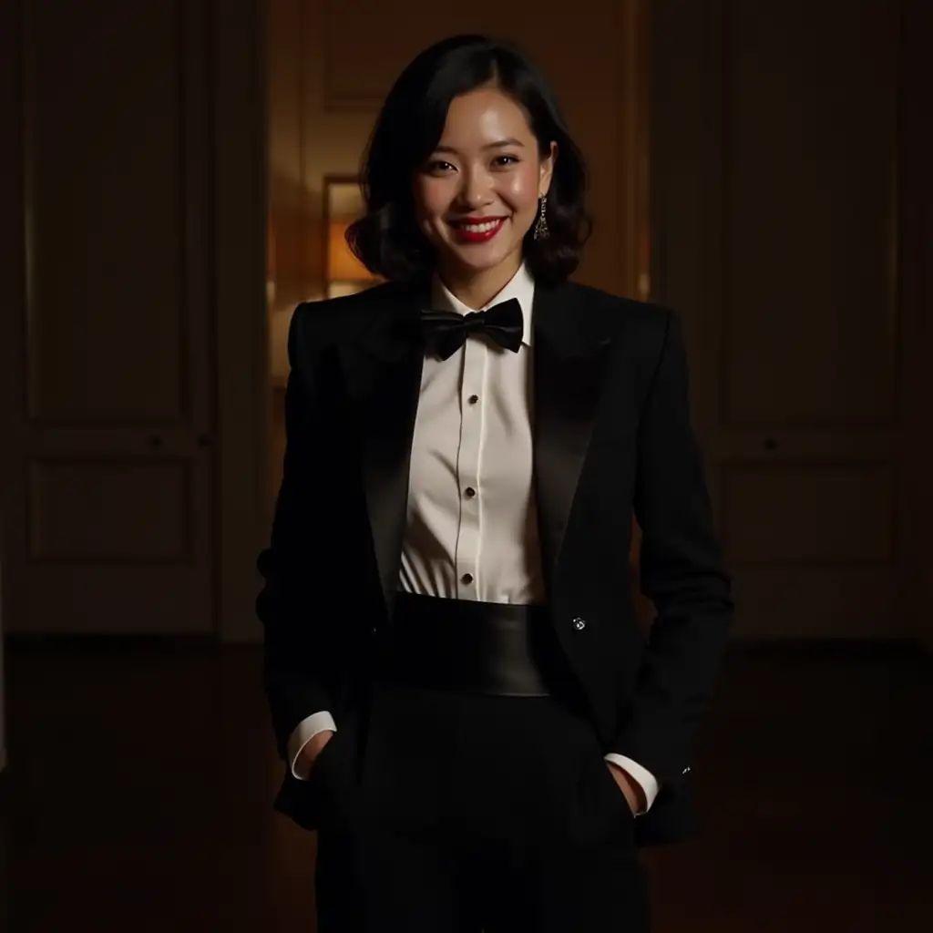 Elegant-Chinese-Woman-in-Formal-Attire-Standing-in-Mansion-at-Night