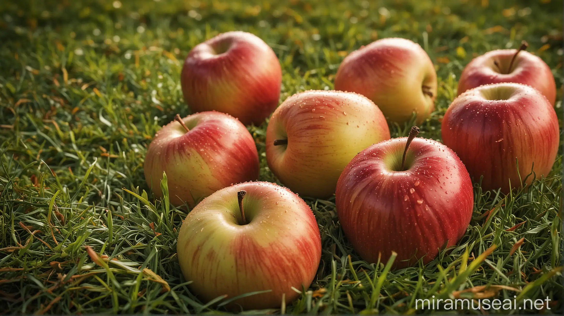 Freshly Harvested Red and Green Apples on Vibrant Green Grass