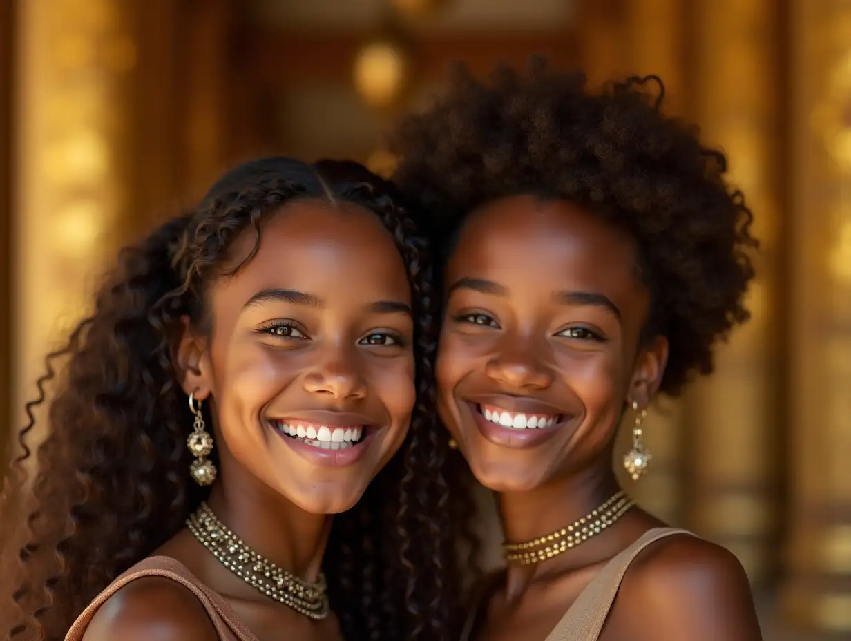 Two young black girls, with brown hair, with a light smile on their face, accentuating their smiles, wearing modern retro jewelry, in a temple with much gold in various shades  4k quality