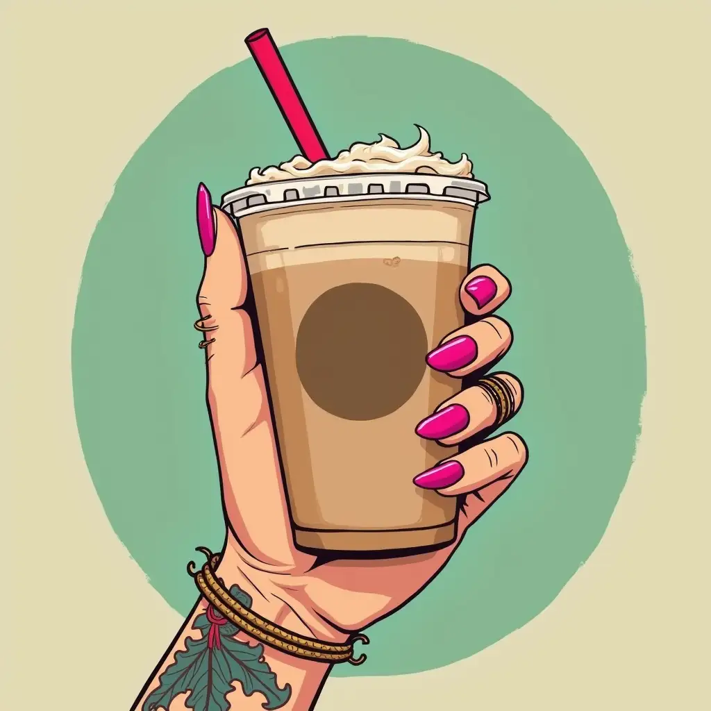 Womans-Hand-with-Pink-Nails-and-Iced-Coffee-in-Western-Boho-Style