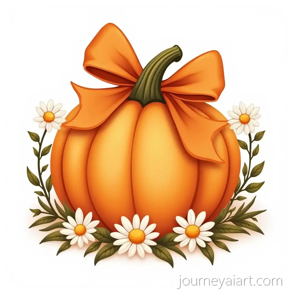 Orange-Pumpkin-with-Bow-Surrounded-by-Daisies-and-Leaves-Vector-Illustration