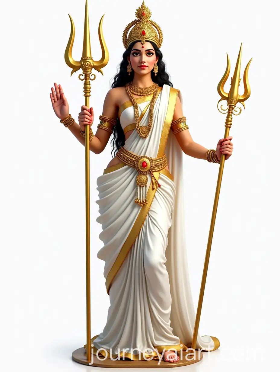 Hindu-Goddess-Mahagauri-in-White-Saree-with-Trident-and-Golden-Jewelry