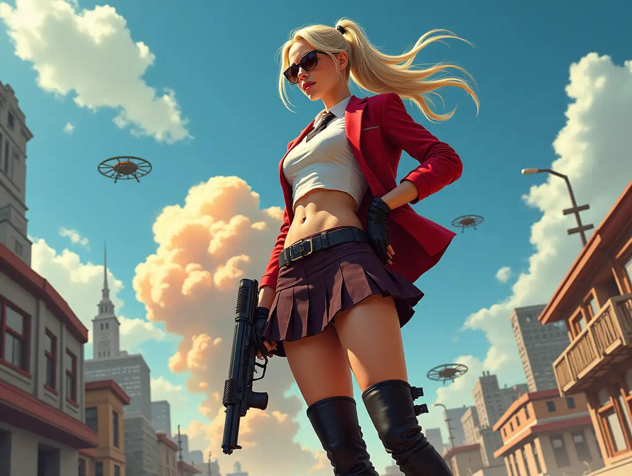 Wide-angle digital painting, (Beautiful woman in stylish school uniform, extreme midriff showing, short skirt, combat boots, and sunglasses : 1.3), Triangular composition, Dynamic full-length pose, Confident expression, (Armed mercenary: 1.3), Gun grip, Supporting pose, City background, Skyscrapers in the distance, nuclear explosion in extreme distance, two small targeting drones above, (Bright sunlight: 1.2), Sharp contrasts, Bold colors, Clear details. female mercenary in cool cyberpunk style in colorful fantasy style, realism, post-apocalyptic landscape, cartel, bald rod, oil painting, rod Nostalgia, strong emotions, low angle, high detail, sharp focus