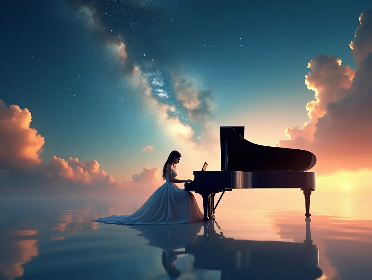 Young-Woman-Playing-Grand-Piano-in-a-Dreamlike-Twilight-Sky