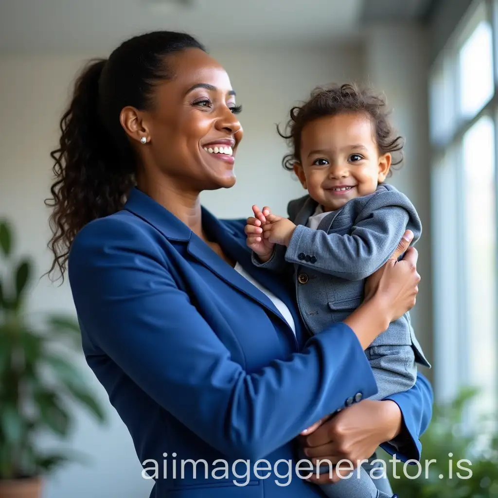 a happy Malagasy female bureaucrat with a blue suit, lifting her child high, located in a professional setting