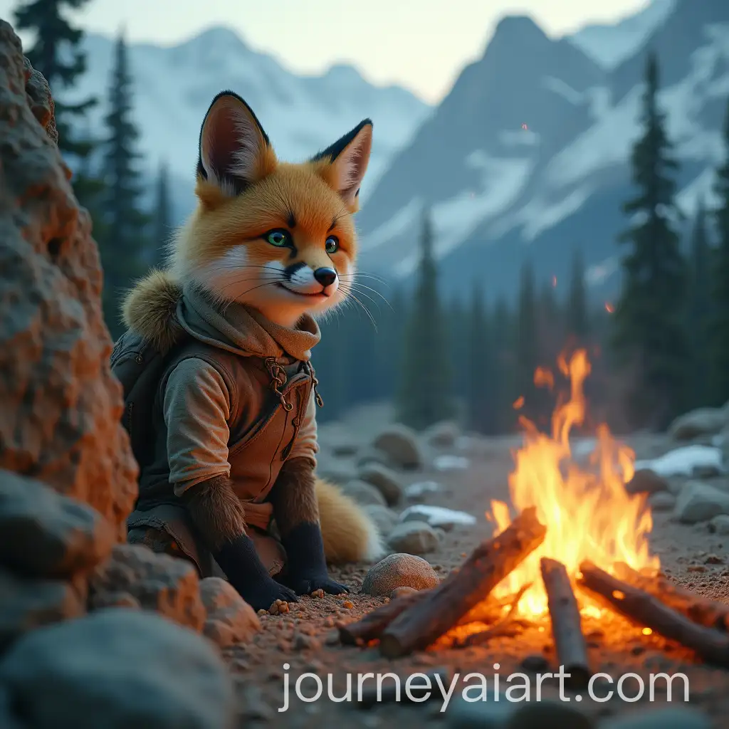 Curious-SemiHuman-Fox-Girl-in-Snowy-Mountain-Landscape-with-Nomadic-Campfire