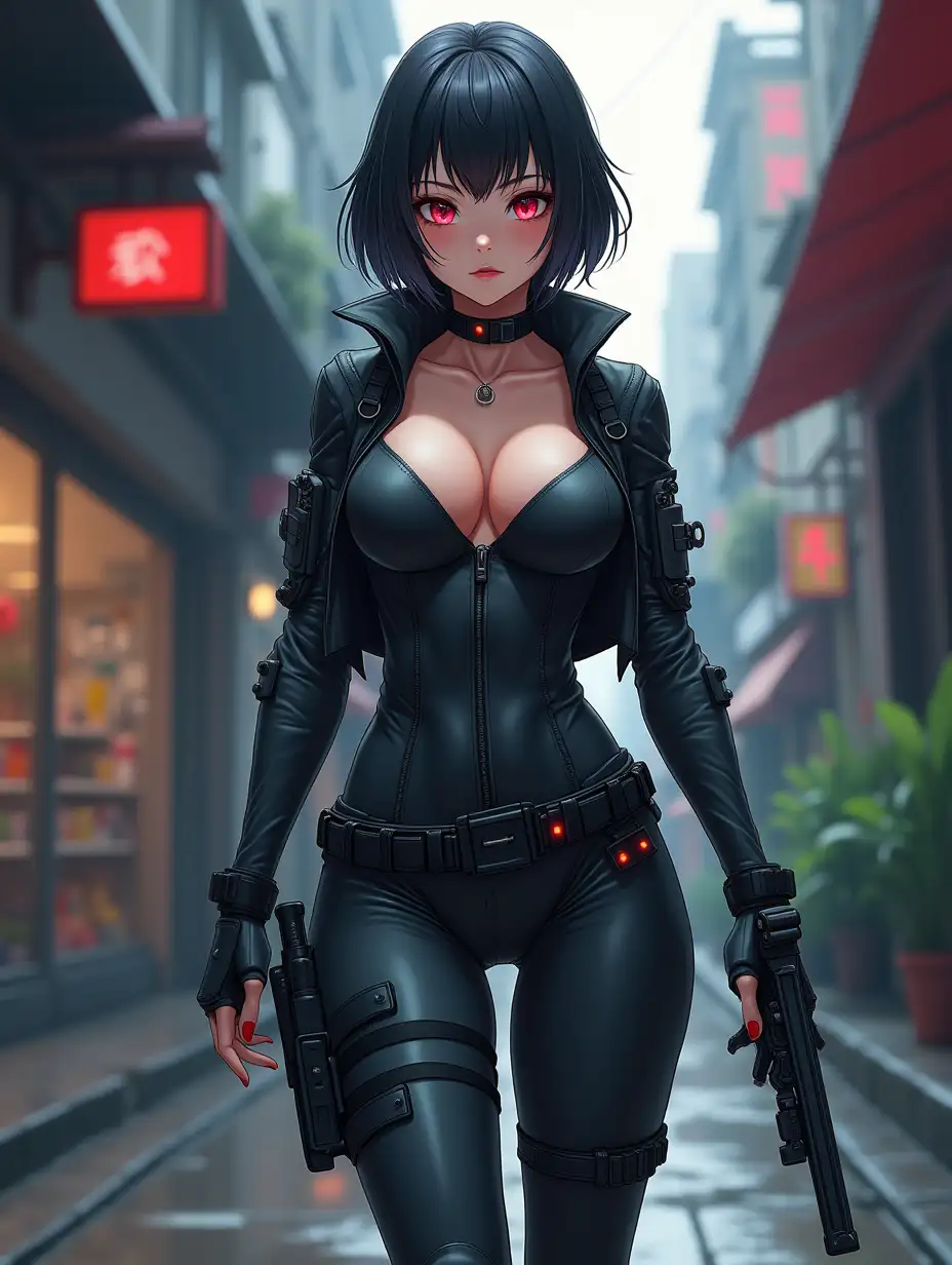 Short hair, mature Asian woman thief cyber runner in a dynamic full-length pose, eyes with red electronic pupils, large breast, extreme skintight body glove zipped down with cleavage, combat boots and combat belt. Full view of her body from boots up, low wide angle. Future store filled city alley street. Anime