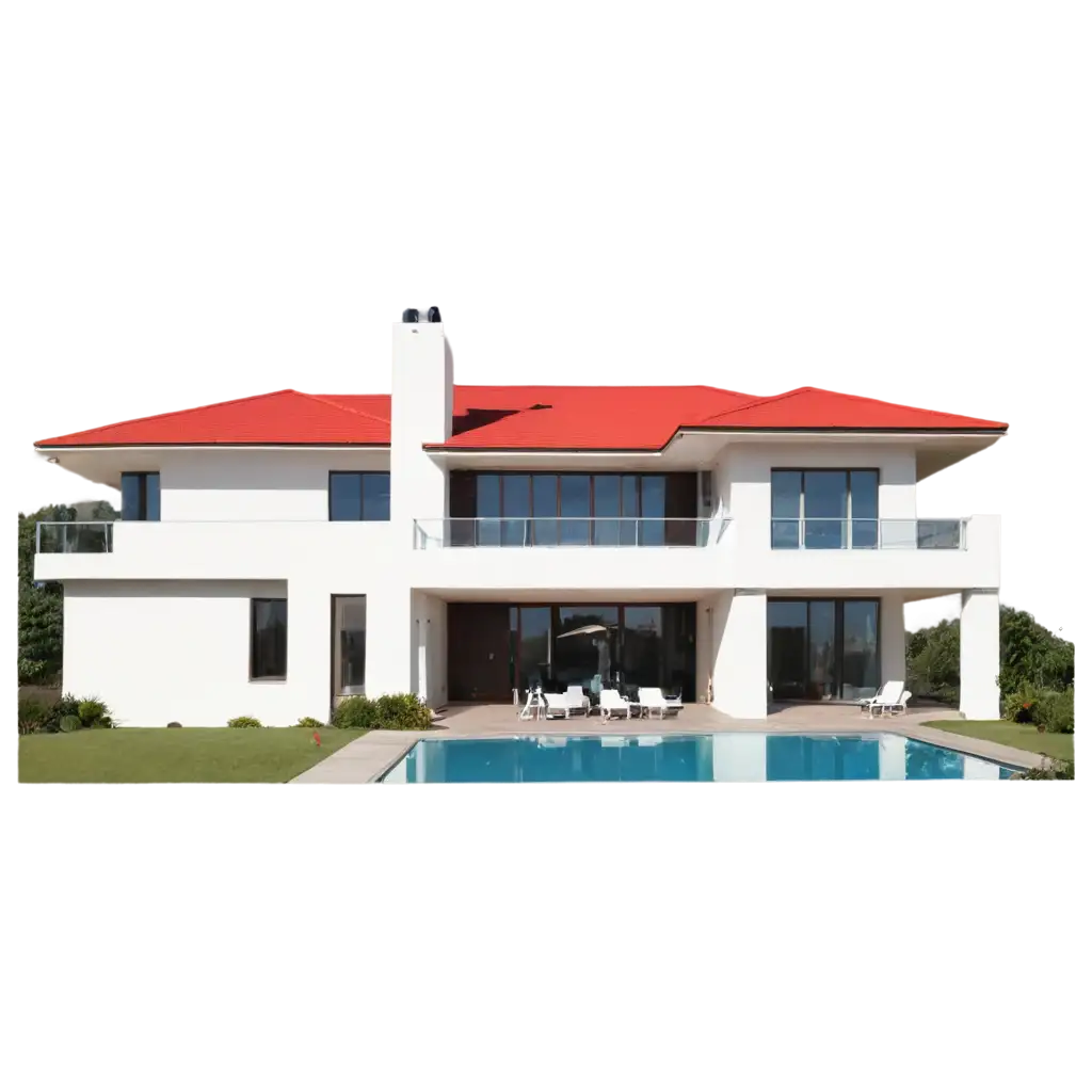 A modern, luxurious house with a long shape, primarily white in color, viewed from the front, featuring a bright red tiled roof.