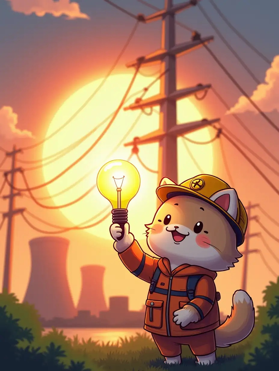 kawaii positive chibi fluffy happy cat kawaii positive chibi fluffy happy cat mechanical engineer they hang light bulbs on high-voltage power lines, in the background a nuclear power plant in the rays of sunset with a soft halo of magical glow and a sense of celebration, paint in anime style