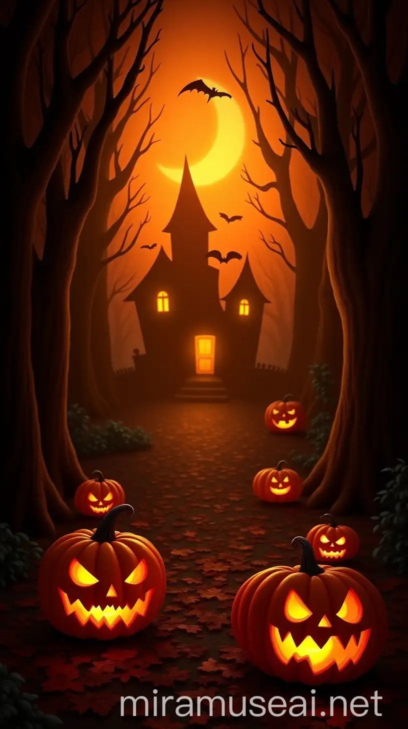 Haunted Halloween City with Pumpkins and Dramatic Lighting