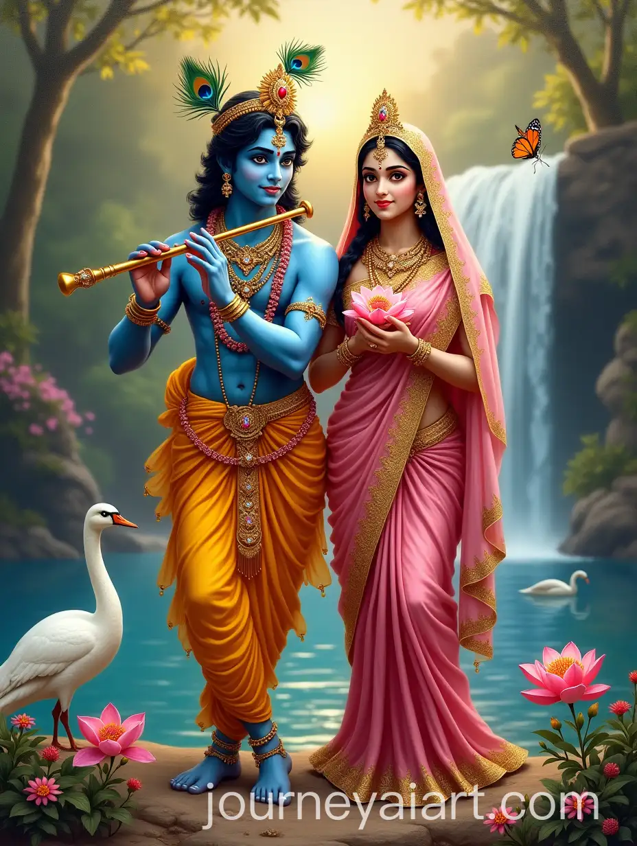 Radha-and-Krishna-in-a-Serene-Garden-with-Waterfall-and-Peacock