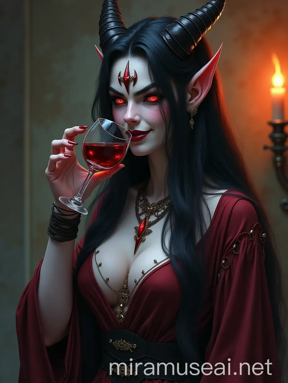 Dark Fantasy Erinni Devil Woman Drinking Wine