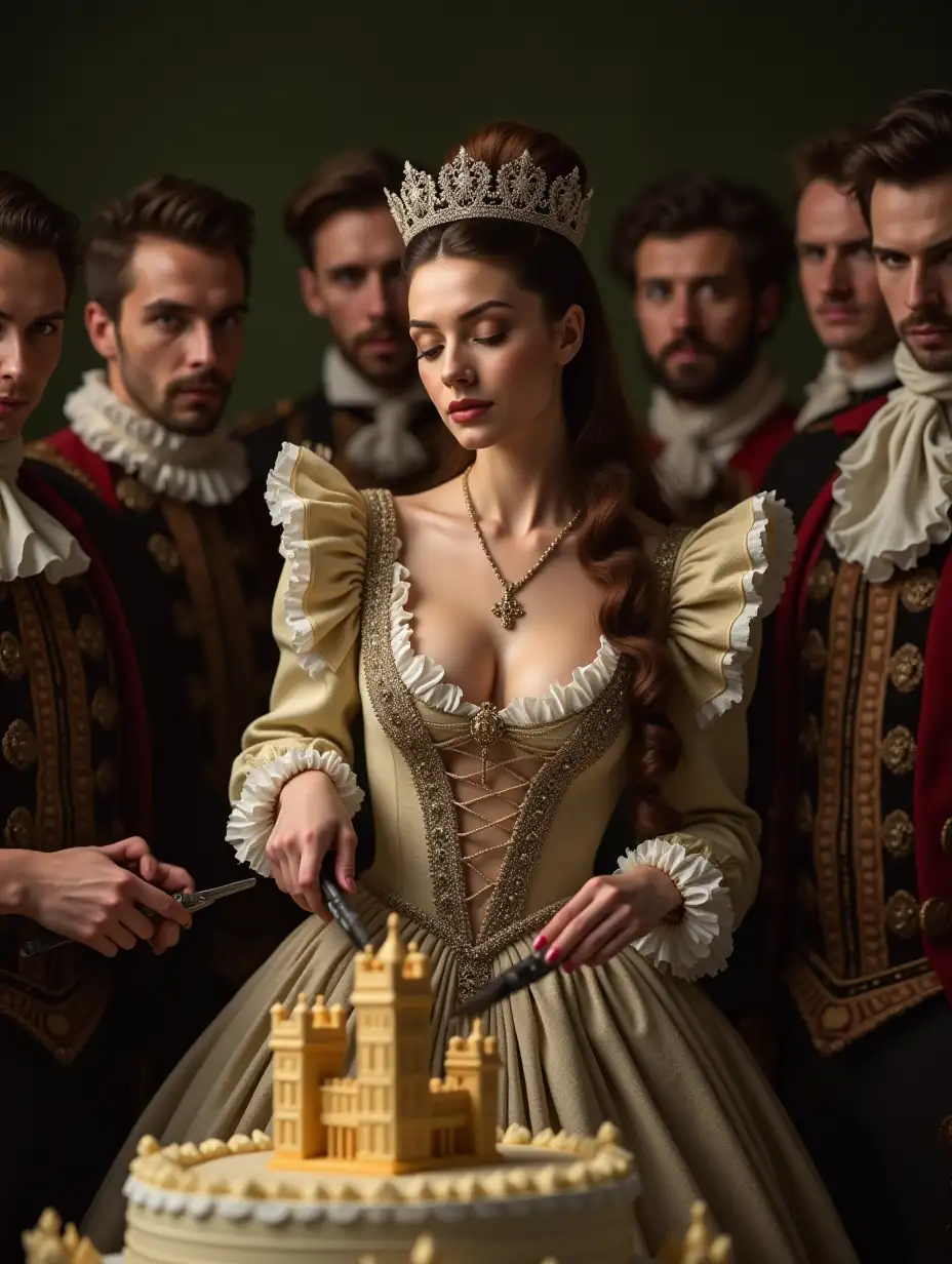 17th-Century-Woman-in-Baroque-Outfit-Cutting-London-Tower-Cake-Surrounded-by-Noblemen