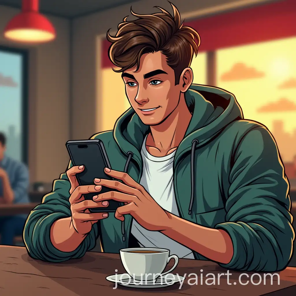 Young-Man-Using-Smartphone-in-Caf-with-Promotion-Message-on-Screen