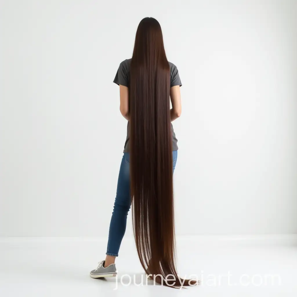 Woman-with-Long-Dark-Brown-Hair-Standing-in-a-White-Room-with-Sneakers-and-Casual-Outfit