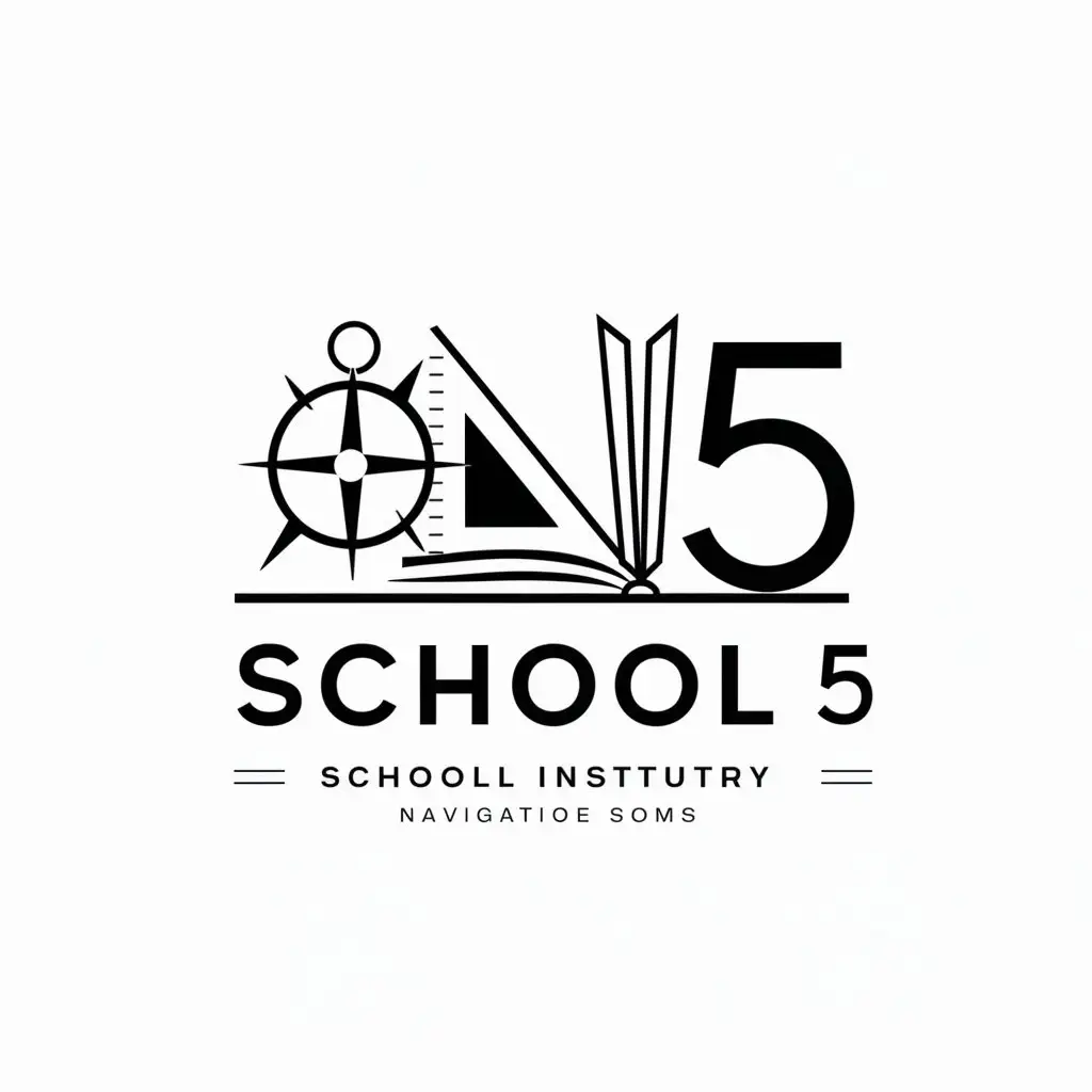 a logo design,with the text "school 5", main symbol:compass, inverted ruler-triangle, book and number 5,Minimalistic,be used in school industry,clear background