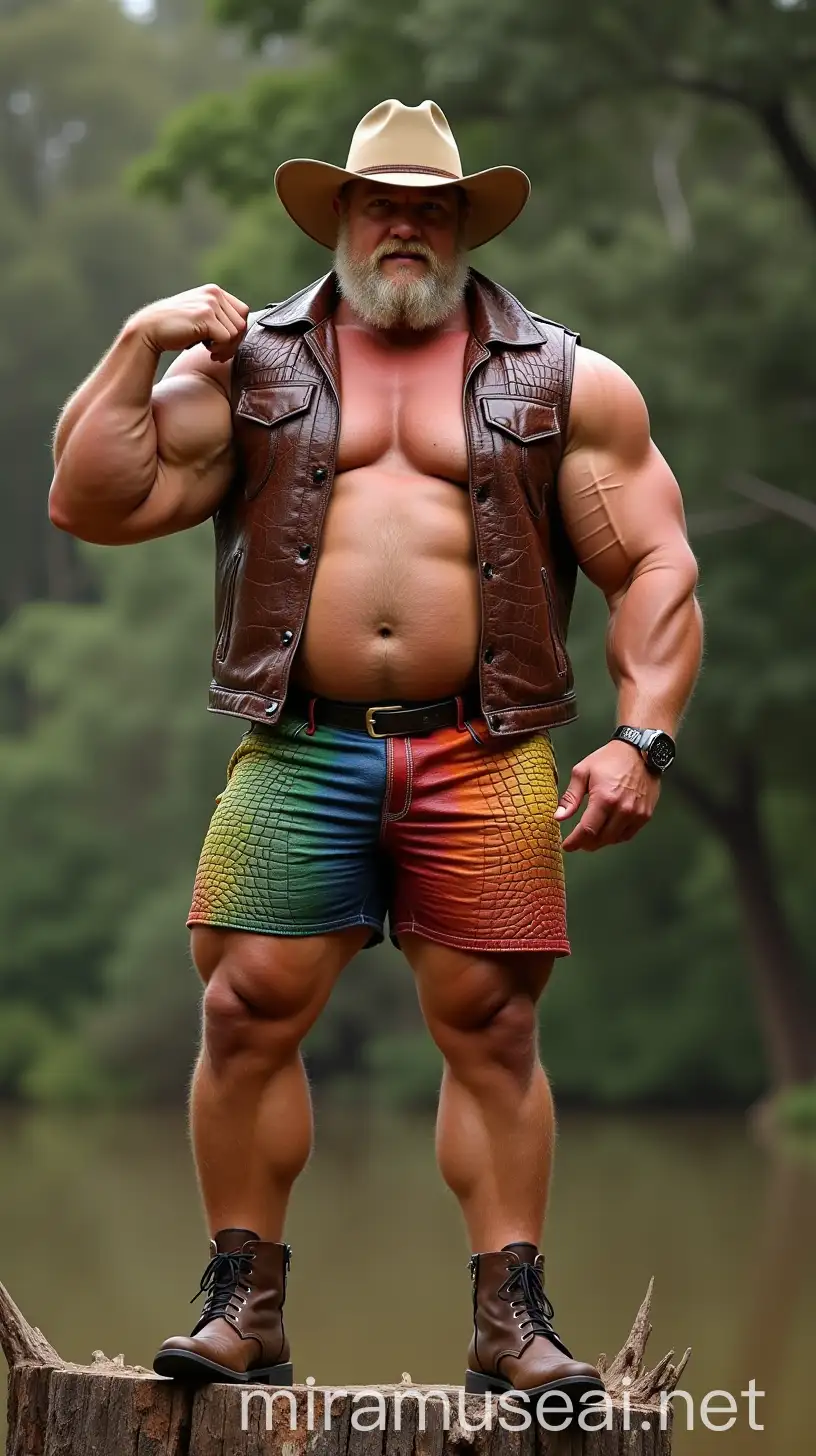 Muscular Bodybuilder Daddy in Colorful Leather Shorts and Akubra Hat Flexing on Stump