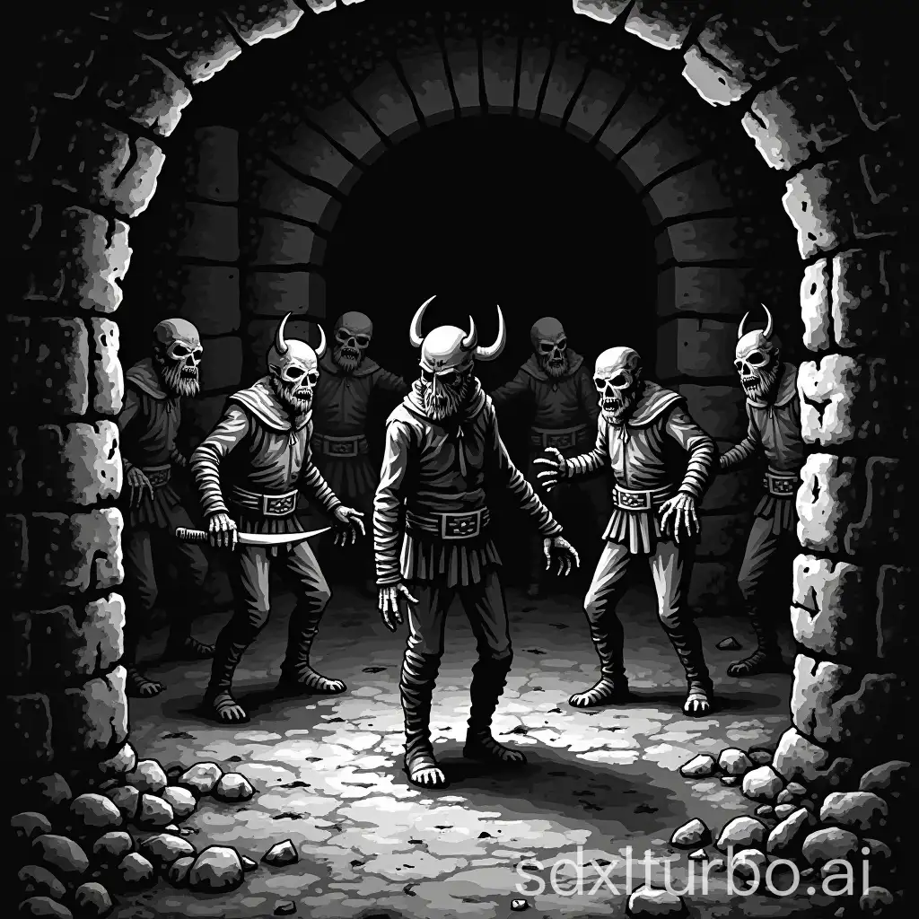 Viking Zombies, in a dark dungeon crypt, 1bit bw, style of 1977 D