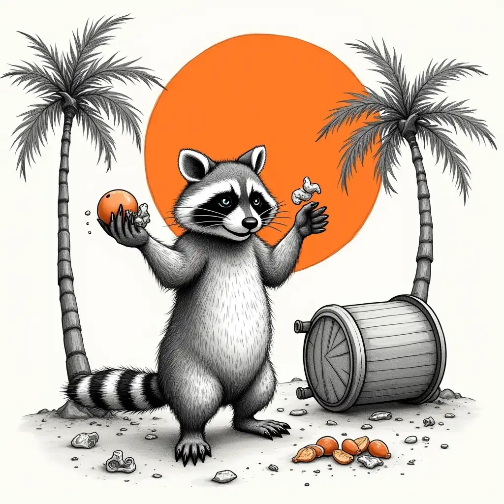 Raccoon Standing with Trash by Orange Moon and Palm Trees