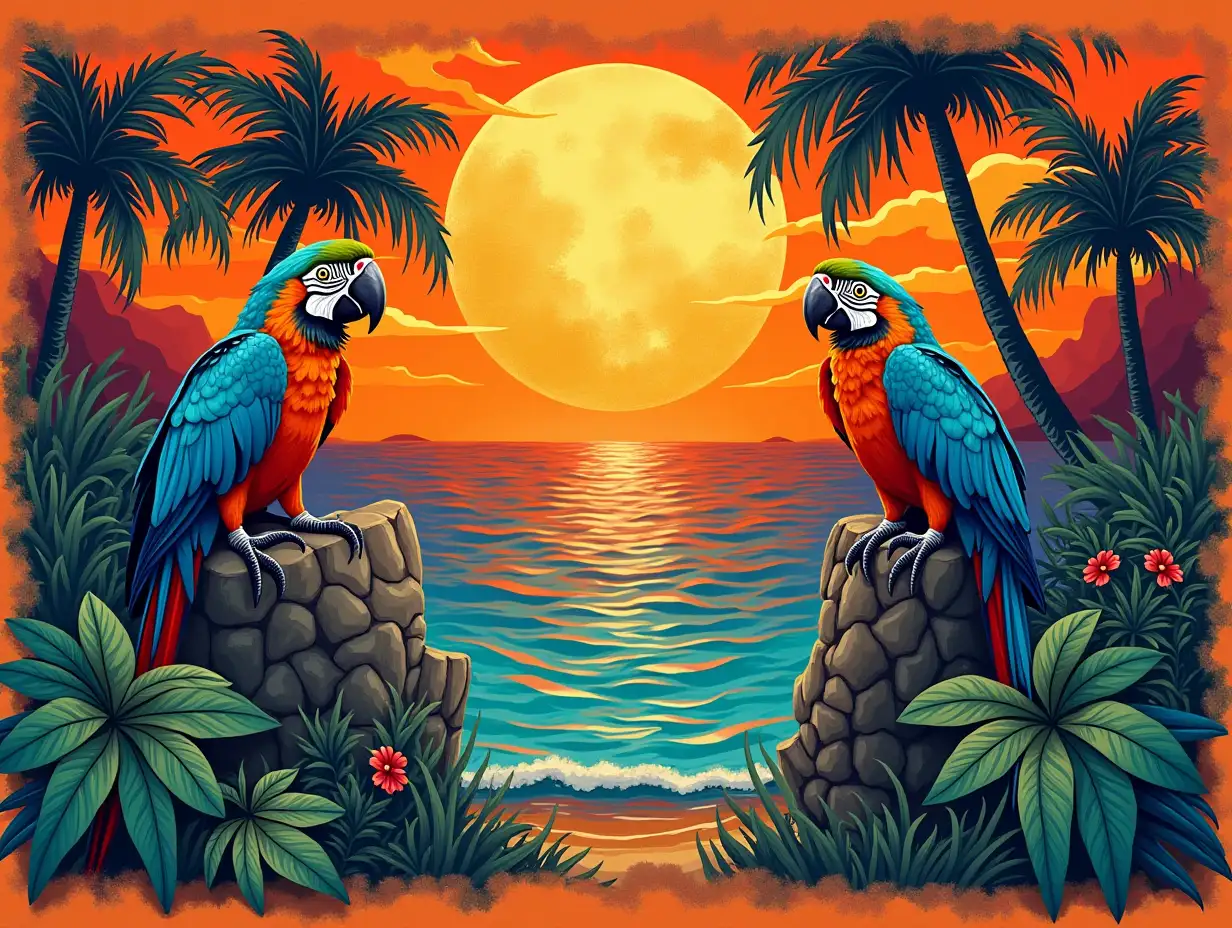 Background poster with motive from Tiki hawai. Put some parrots