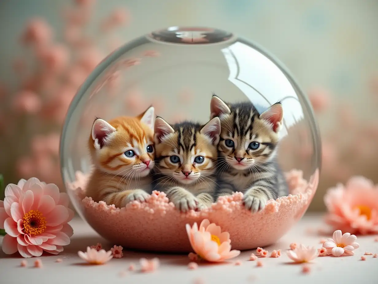 Three kittens in a glass ball full of flowers