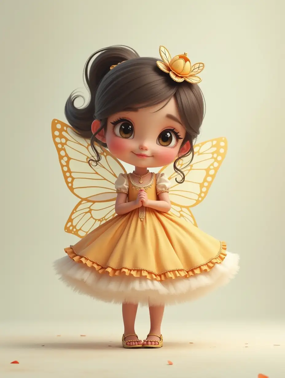 girl, small stature, butterfly dress, full length, 3D, stylization, cartoon, cuteness, soft muted colors, haze