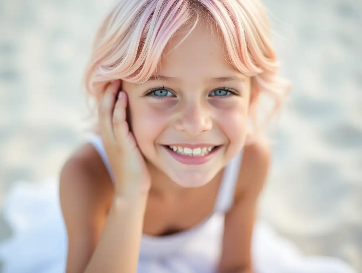 a close-up portrait of a beautiful white 12-years-old girl with medium short light pink hair and blue eyes. She cute smiles, her white teeth are visible. She is straightening her hair near her ear. She is sitting on the white sand. She is wearing a white skirt