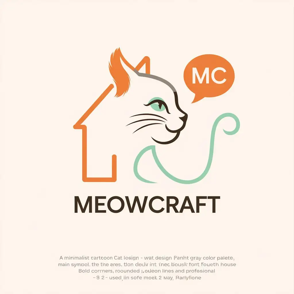 LOGO Design for MeowCraft Minimalist Cartoon Cat with Paintbrush Ear Speech Bubble Tail