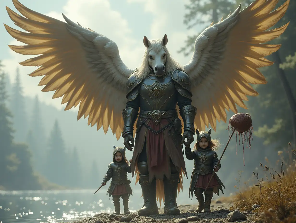 Ki-Fantasy family,Man with angel wings and children giant HORSE-FACE river creature with and with angel wing armor equipment