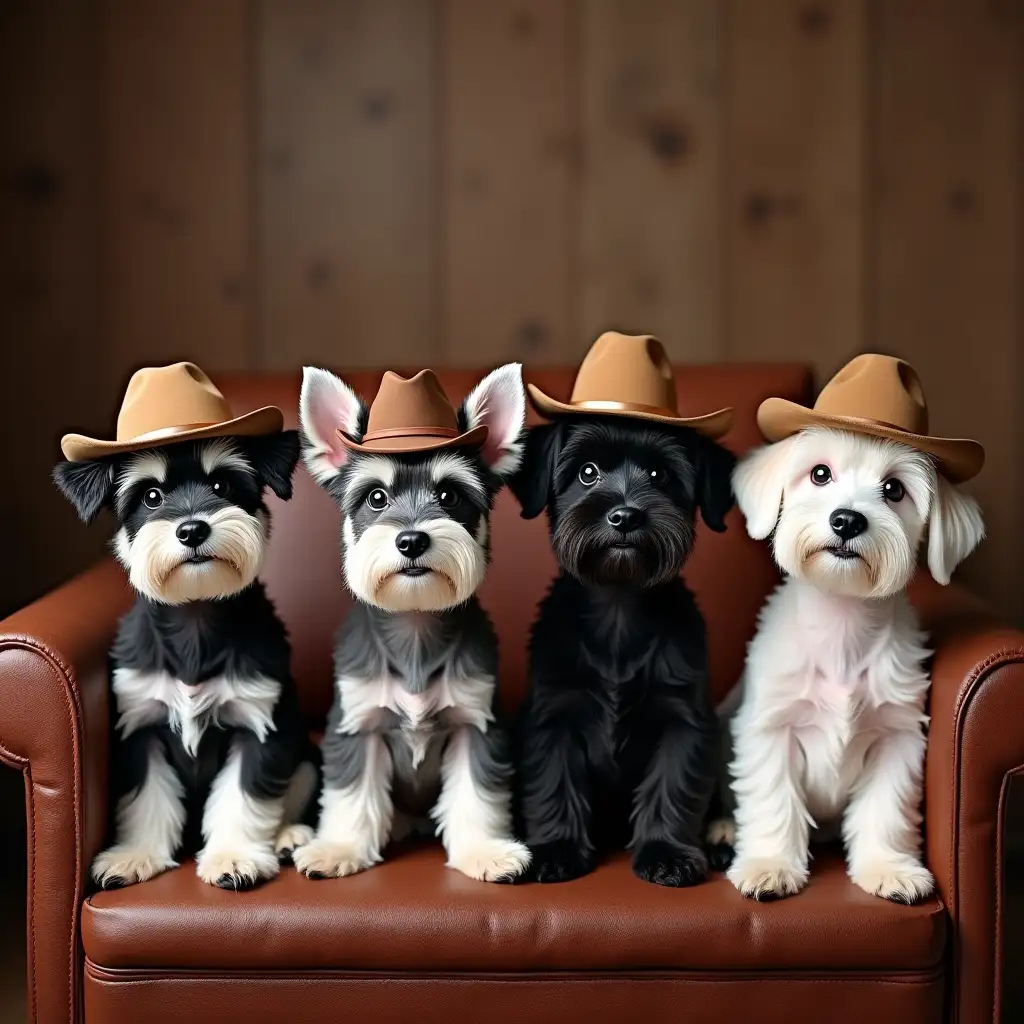 Create four mini schnauzers with cowboy hats, one a black and silver, a salt and pepper, an all black and an all white each sitting an their own comfy chair as if being interviewed in a boardroom setting.