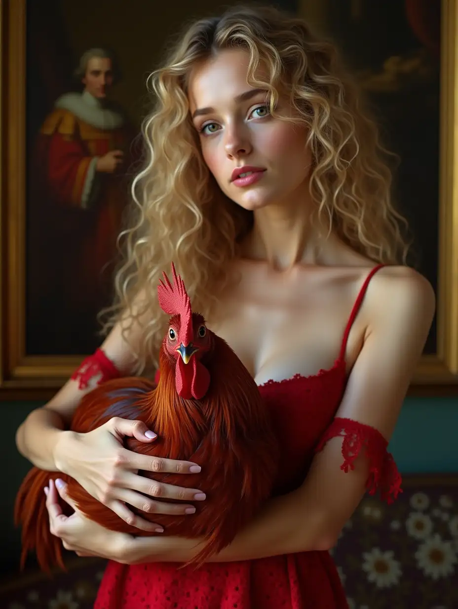 Russian-Woman-Holding-Red-Rooster-with-Cardinal-Richelieu-Portrait-in-Background