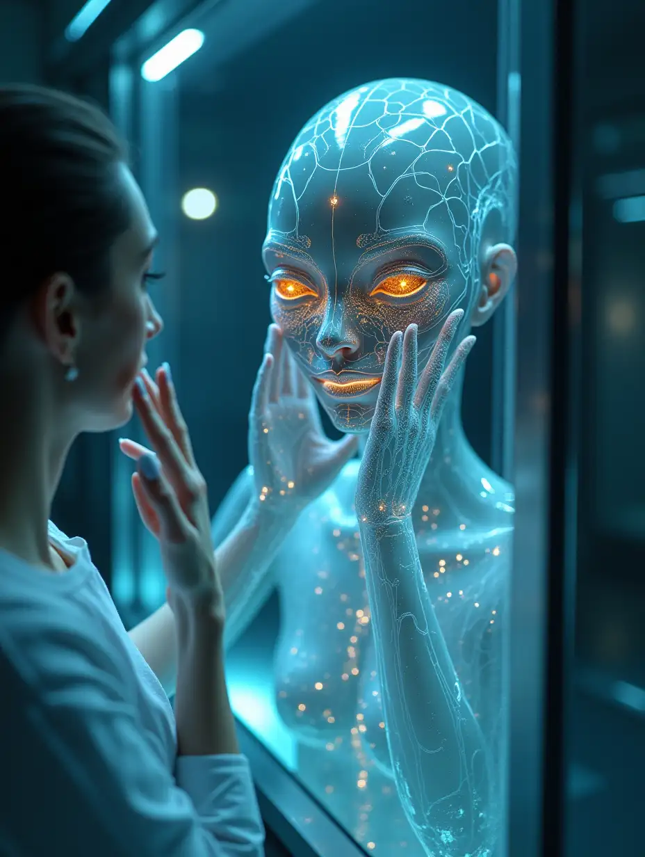 Cinematic ultra-realistic POV in 8K HDR, standing in front of a holographic mirror examining my reflection. Only my hands appear /My hands touch my face, revealing translucent skin and glowing veins under the surface. My feet shift slightly on the metallic floor, partially visible. Natural lighting enhances the reflective surface of the hologram and the intricate textures of my alien anatomy. First-person perspective emphasizes my hands and feet exploring my new body