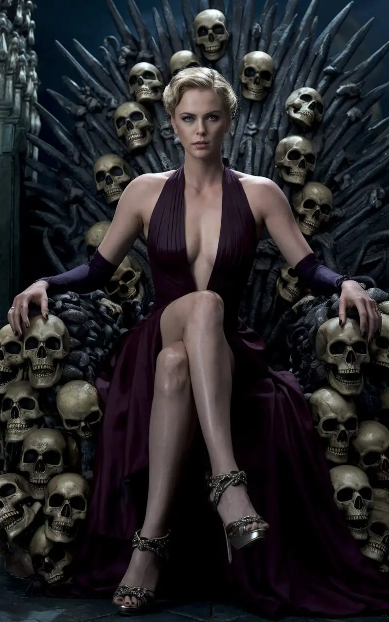 Very beautiful  mature  angry evil queen Charlize Theron in sandals with high heels   sits on a throne of skulls, deep neckline, photo,