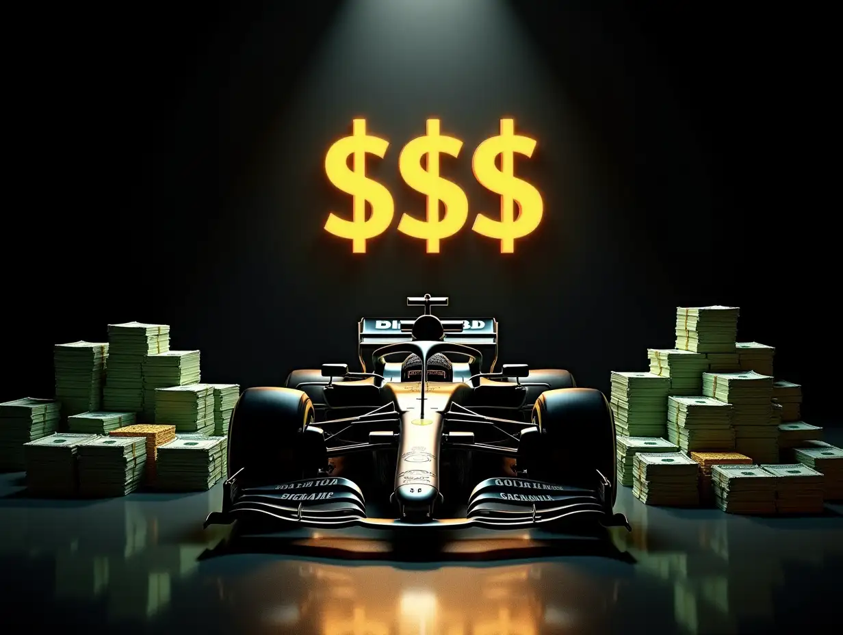 A modern Formula 1 car in a dark studio setting, surrounded by towering stacks of green cash and gold coins. The car is illuminated by a bright spotlight, creating a luxurious and dramatic atmosphere. Bold text in glowing gold letters reads '$$$'. The background is black, emphasizing wealth and exclusivity.