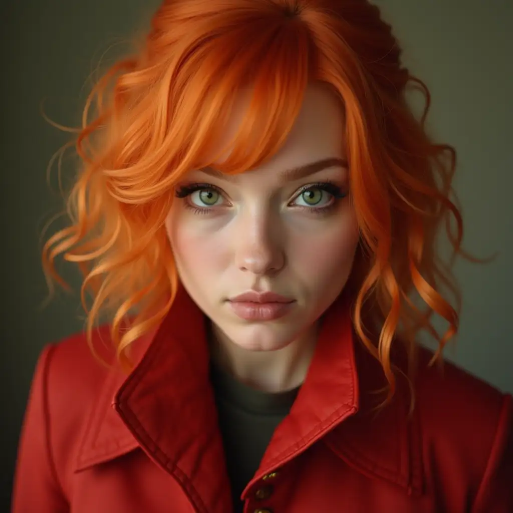 a woman with orange hair, green eyes, in a red jacket