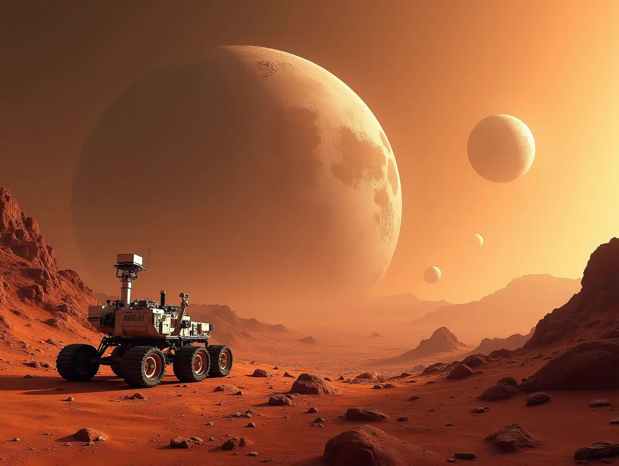 i want image of mars astronot in futuristic mars with rovers and random surface with some space